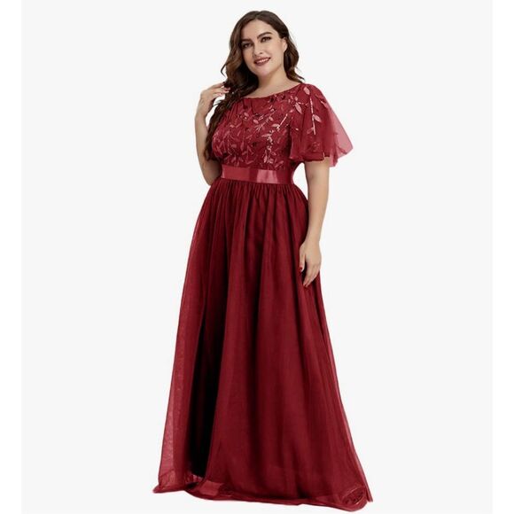 Women's A-Line Short Sleeve Sequin Leaf Floor Length Evening Dresse Size 14 - Picture 1 of 9